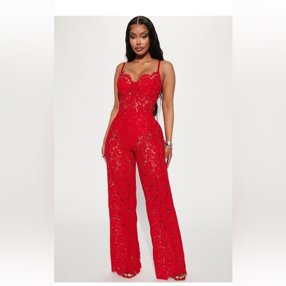 Fashion Nova Red Lace Wide Leg Jumpsuit